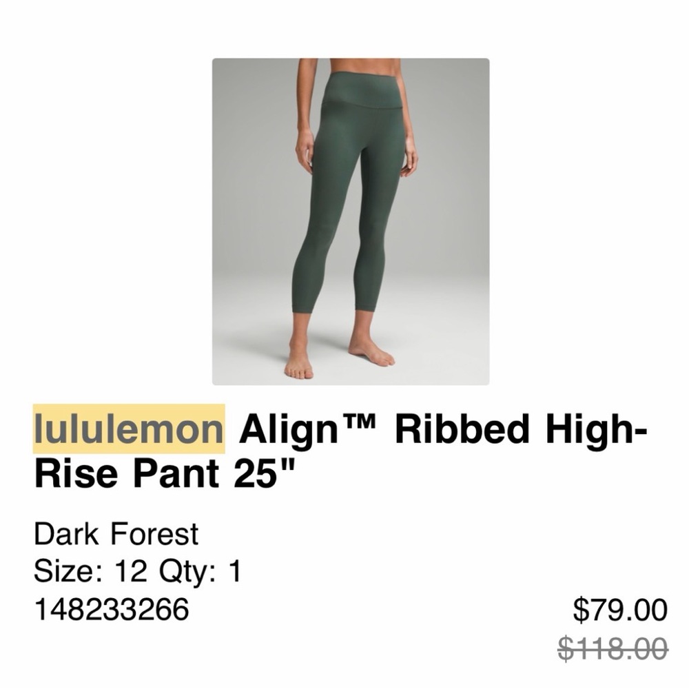 Lululemon Olive Ribbed High-Waist Leggings NWOT, size 12